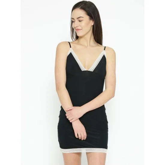 Women'S Black With Contrast Laced Sleepwear Camisole. Sm-156