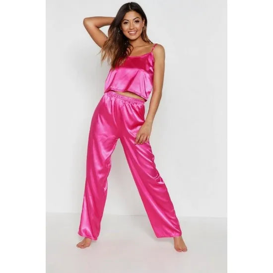 Women'S Hot Pink Satin Silk Cami And Long Pants. Sm-251