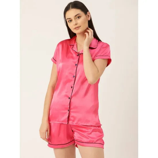 Women'S Pink Satin Finish Solid Night Suit. Sm-234