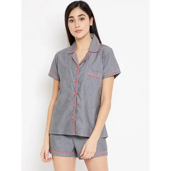 Women'S Melange Grey Contrast Nightsuit. Sm-151