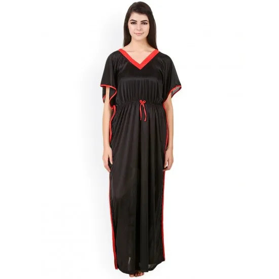 Women'S Black Satin Caftan Maxi Nightdress. Sm-226