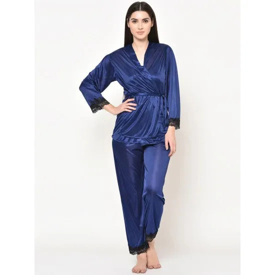 Women’S Navy Blue Laced Detailed Gown And Pajama Set. Sm-254