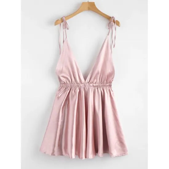 Women'S Pink Backless Satin Tie Shoulder Sleepwear Dress. Sm-194