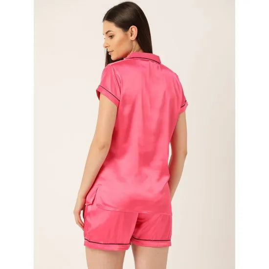 Women'S Pink Satin Finish Solid Night Suit. Sm-234