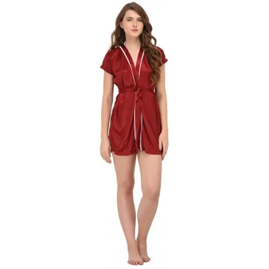 Women'S Maroon Contrast Satin Silk 4 Pieces Sleepwear Set. Sm-266