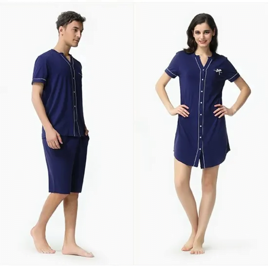 Navy Cotton Contrast Couple Nightsuits