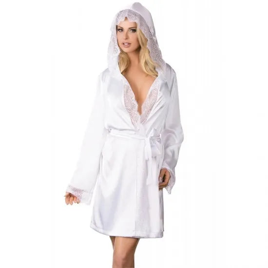 Women’S White Satin Laced Hooded Sleepwear Gown. Sm-260