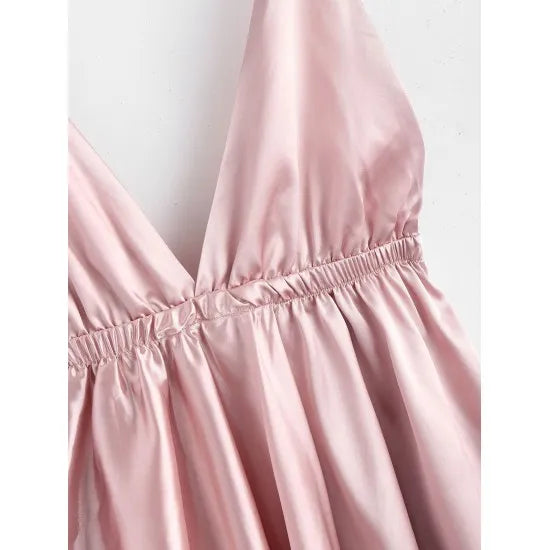 Women'S Pink Backless Satin Tie Shoulder Sleepwear Dress. Sm-194