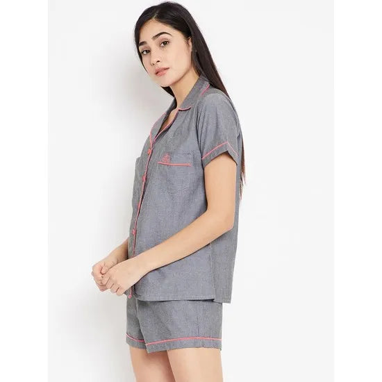 Women'S Melange Grey Contrast Nightsuit. Sm-151