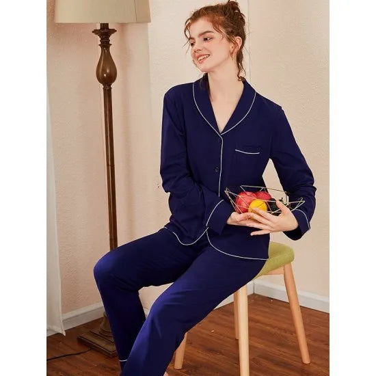 Women’S Navy Cotton Contrast Piping Pj Sleeping Suit. Sm-790