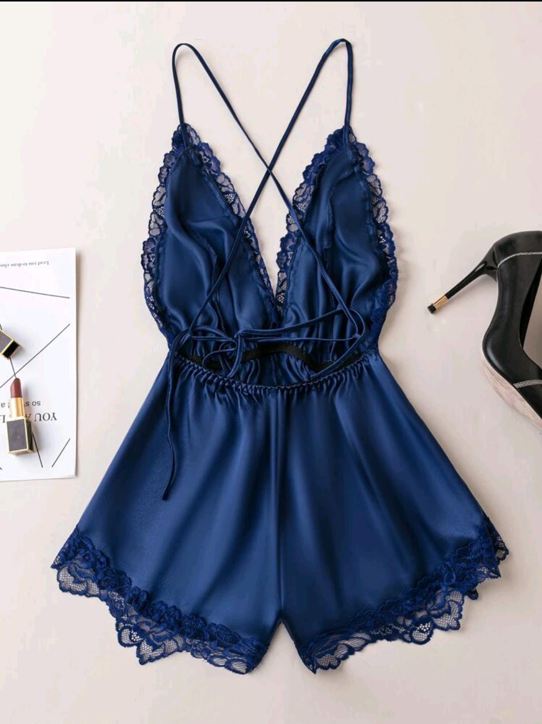 Contrast Lace Criss Cross Backless Satin Cami Romper