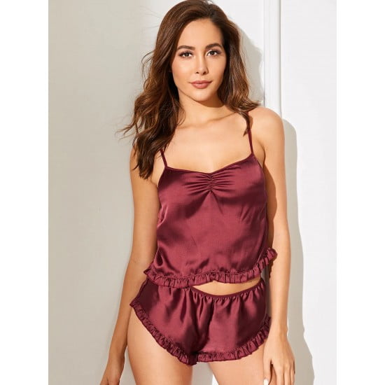 Maroon Frill Trim Cami And Shorts Set For Women