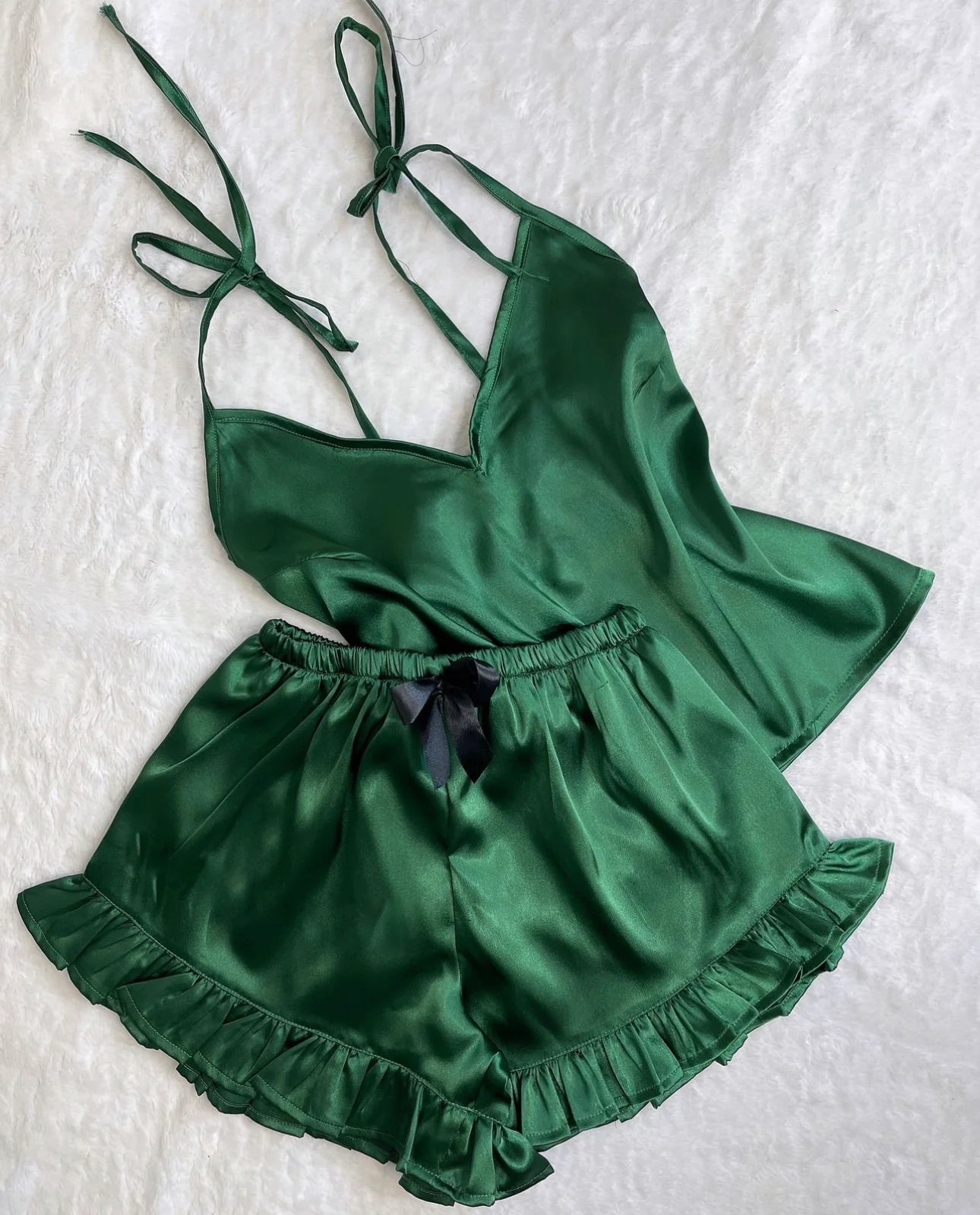 Bottle green satin silk frill camisole shorts