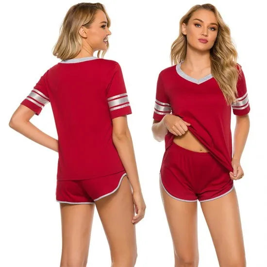 Women's Maroon Striped Cotton Jersey Nightsuit. Sm-801