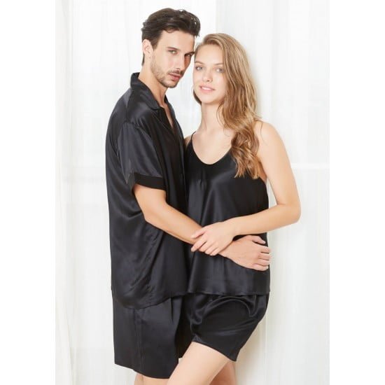 Black Short Silk Couple Pajamas Sets