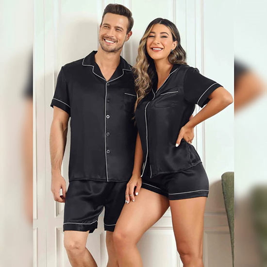 Couple Pure Silk Short Pajama Sets Total 4Pcs