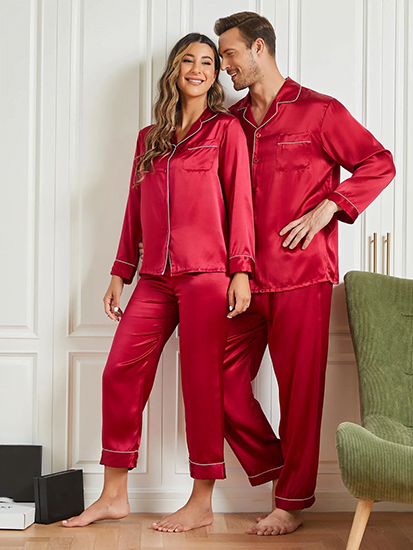 Couple Silk Long Pajama Sets Total 4Pcs