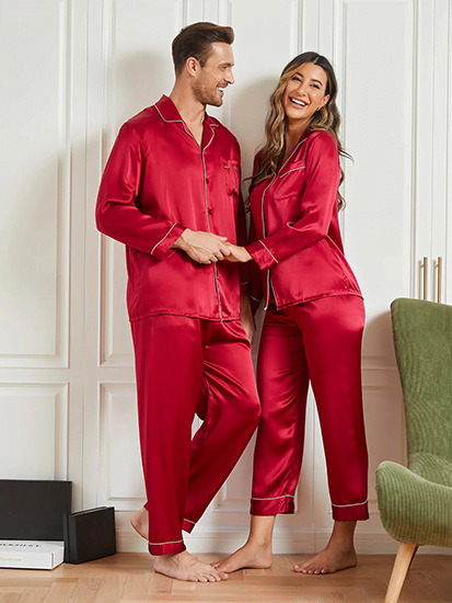 Couple Silk Long Pajama Sets Total 4Pcs