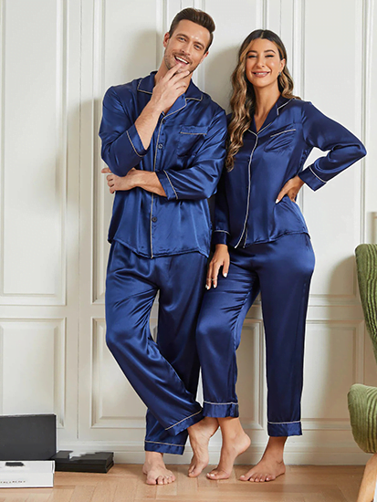 Couple Silk Long Pajama Sets Total 4Pcs