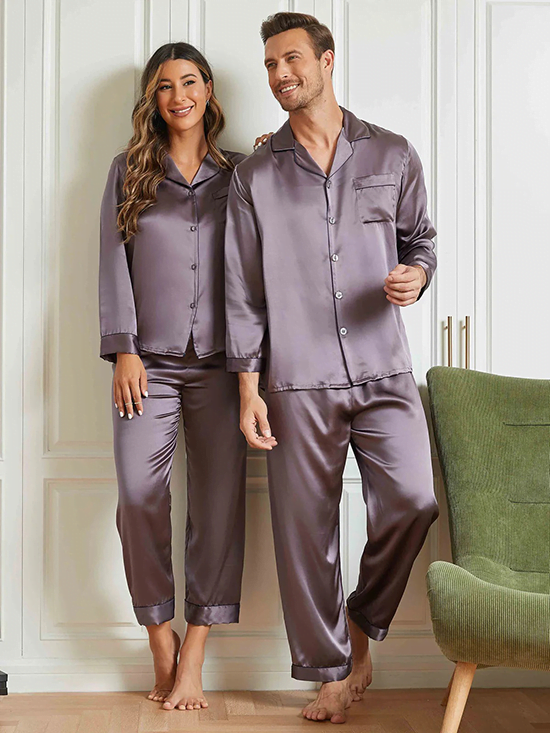 Couple Silk Long Pajama Sets Total 4Pcs