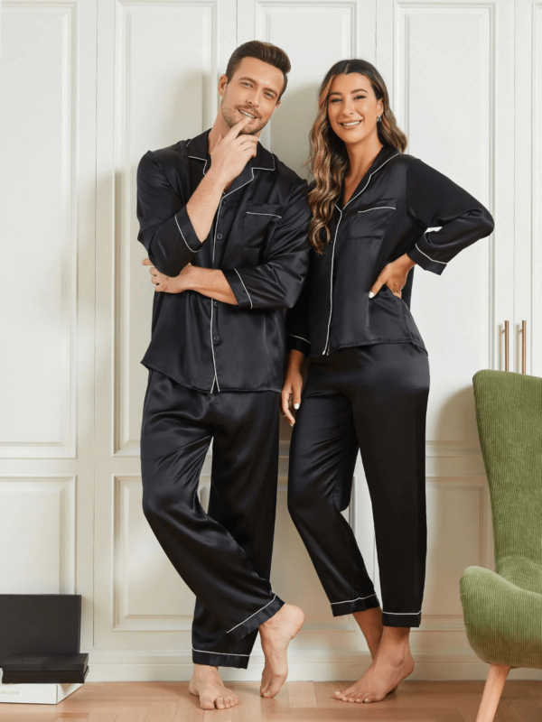 Couple Silk Long Pajama Sets Total 4Pcs