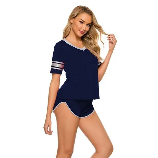 Women’S Navy Blue Striped Cotton Jersey Nightsuit. Sm-802