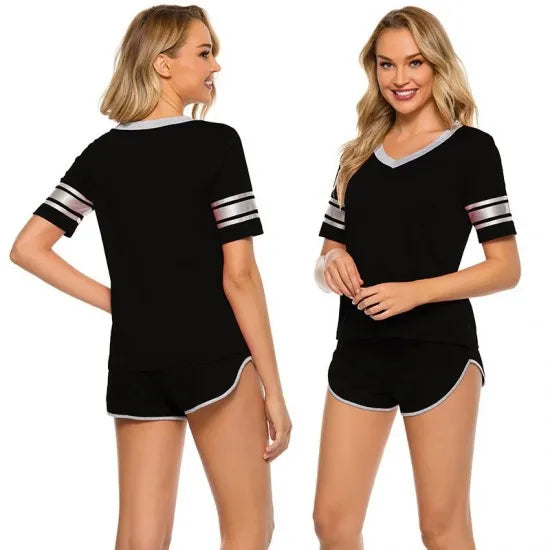 Women'S Black Striped Cotton Jersey Nightsuit. Sm-800