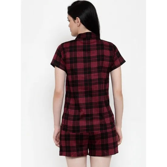 Women'S Maroon-Black Checkered Shorts Night Suit. Sm-792