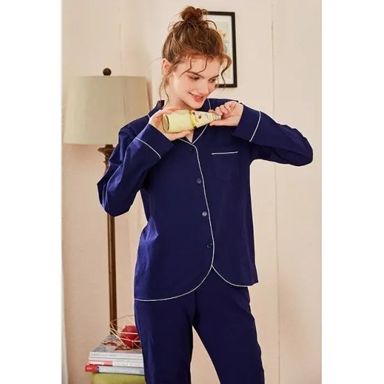 Women’S Navy Cotton Contrast Piping Pj Sleeping Suit. Sm-790