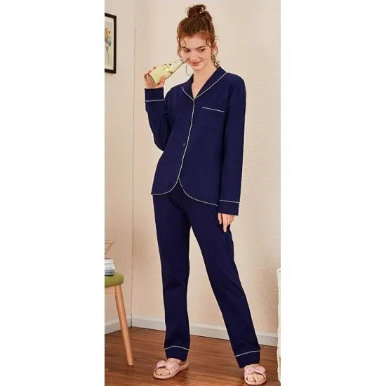 Women'S Navy Cotton Contrast Piping Pj Sleeping Suit. Sm-790