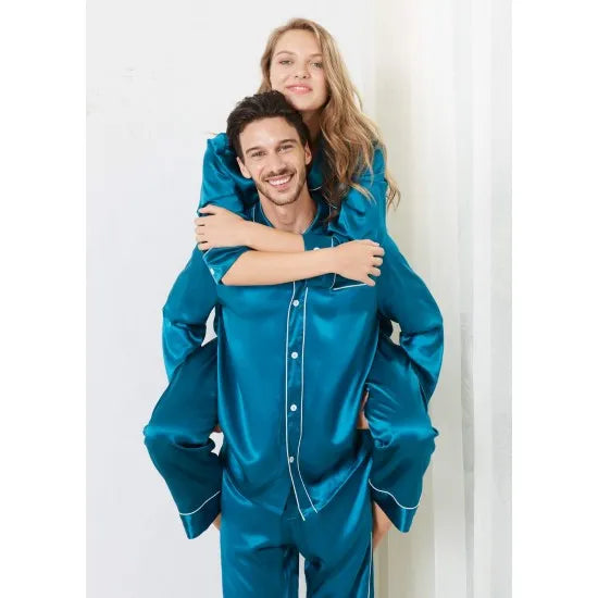 Teal Trimmed Silk Couple Pajamas Sets Rid