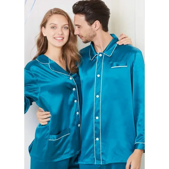 Teal Trimmed Silk Couple Pajamas Sets Rid