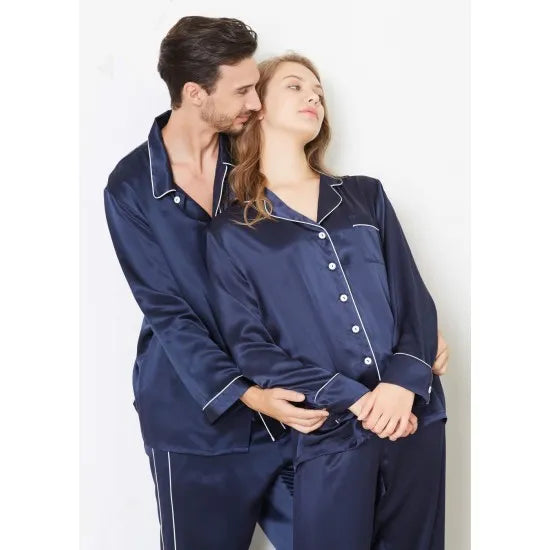 Teal Trimmed Silk Couple Pajamas Sets Rid