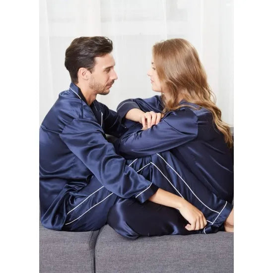 Teal Trimmed Silk Couple Pajamas Sets Rid