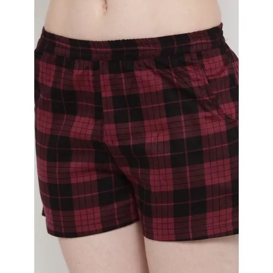 Women'S Maroon-Black Checkered Shorts Night Suit. Sm-792