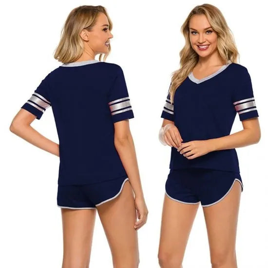 Women'S Navy Blue Striped Cotton Jersey Nightsuit. Sm-802