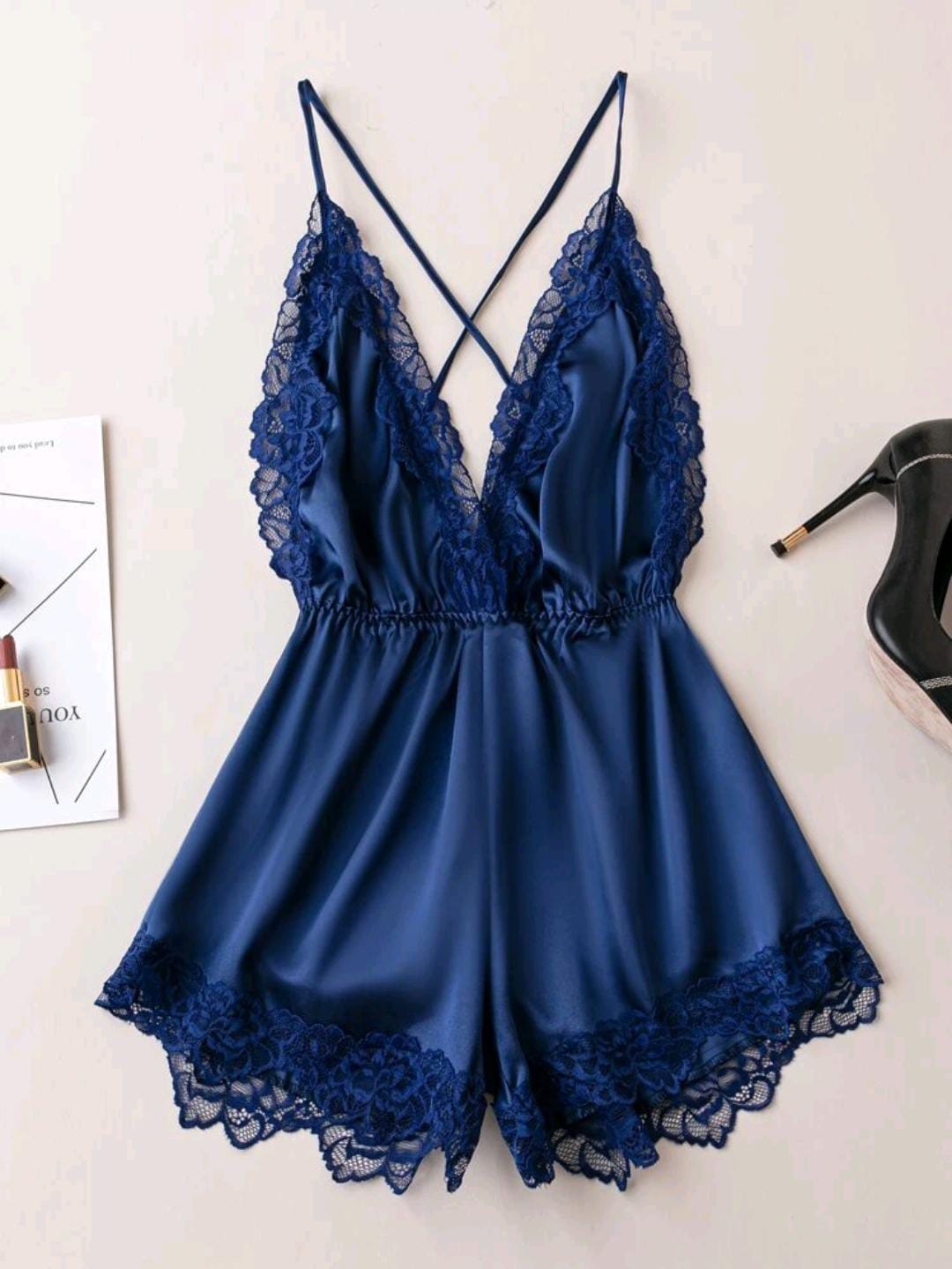 Contrast Lace Criss Cross Backless Satin Cami Romper