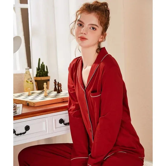 Women’S Maroon Cotton Contrast Piping Pj Sleeping Suit. Sm-789