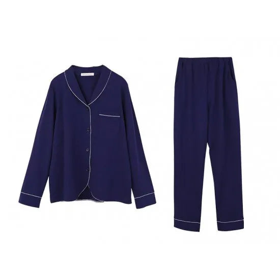 Women’S Navy Cotton Contrast Piping Pj Sleeping Suit. Sm-790