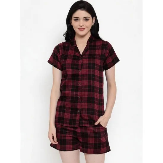 Women'S Maroon-Black Checkered Shorts Night Suit. Sm-792