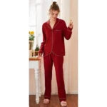 Women’S Maroon Cotton Contrast Piping Pj Sleeping Suit. Sm-789