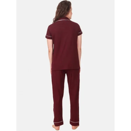 Women's Maroon Solid Pyjama Sleepwear Set. Sm-807