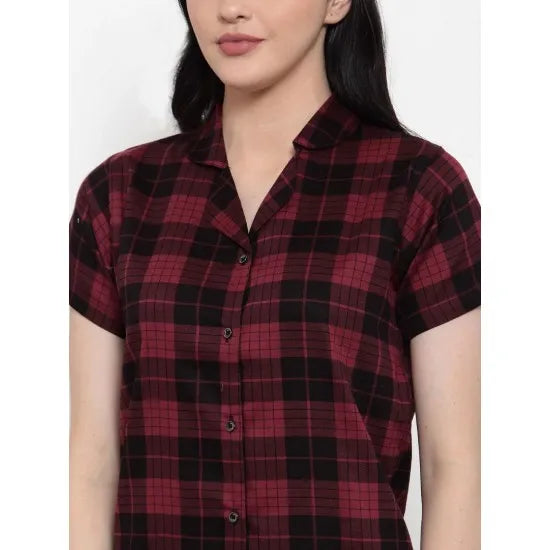 Women'S Maroon-Black Checkered Shorts Night Suit. Sm-792