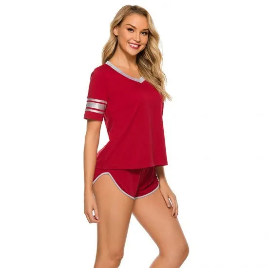 Women's Maroon Striped Cotton Jersey Nightsuit. Sm-801