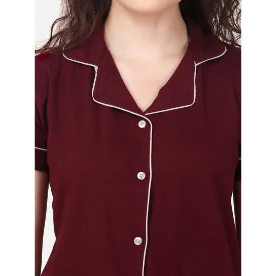 Women's Maroon Solid Pyjama Sleepwear Set. Sm-807