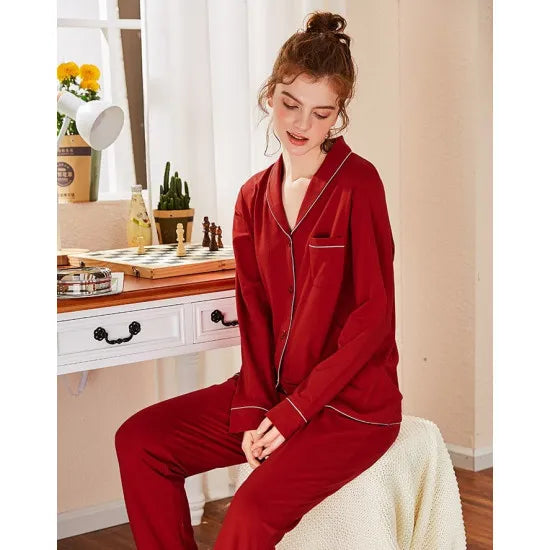 Women'S Maroon Cotton Contrast Piping Pj Sleeping Suit. Sm-789