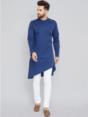 Men'S Royal Blue Straight Cotton Side Buttoned High Low Kurta