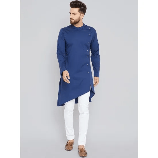 Men'S Royal Blue Straight Cotton Side Buttoned High Low Kurta