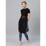 Women'S Black Solid Semi-Sheer Longline A-Line Top