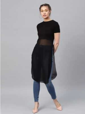 Women'S Black Solid Semi-Sheer Longline A-Line Top